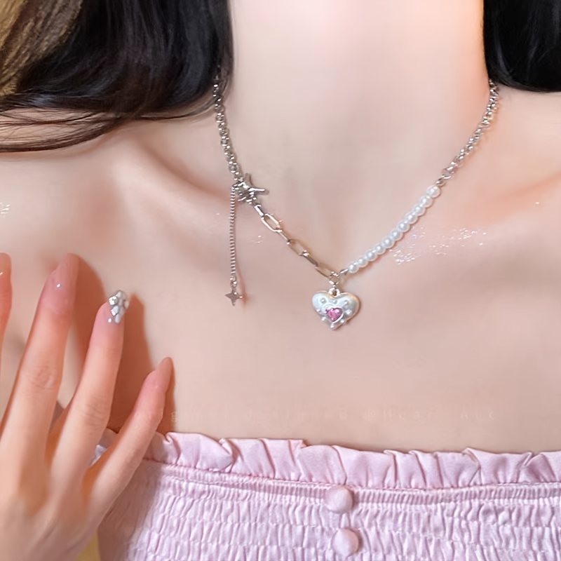Double Layer Stackable Pink Heart Necklace, Y2K Style